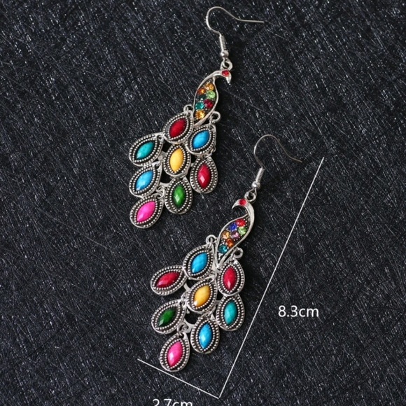 Earrings Peacock 3" Dangle Beaded with Color Rhinestones Lots of Fun Movement - Picture 4 of 6